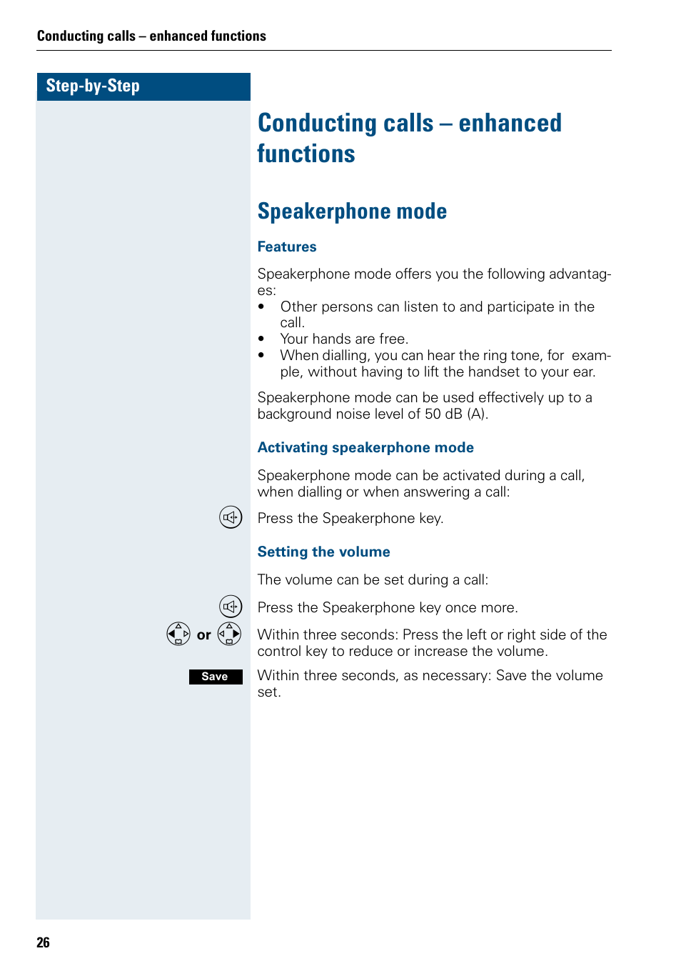 Conducting calls – enhanced functions, Speakerphone mode | Siemens 3000 User Manual | Page 34 / 104