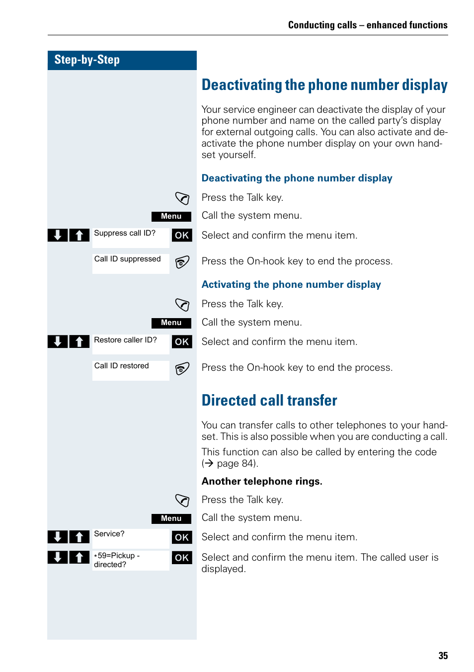 Deactivating the phone number display, Directed call transfer | Siemens 3000 User Manual | Page 43 / 104