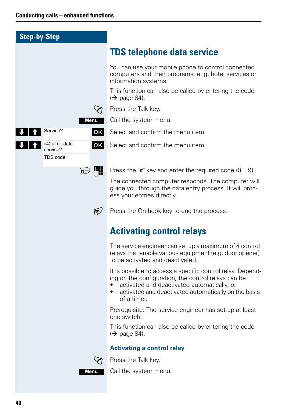 Tds telephone data service, Activating control relays | Siemens 3000 User Manual | Page 48 / 104