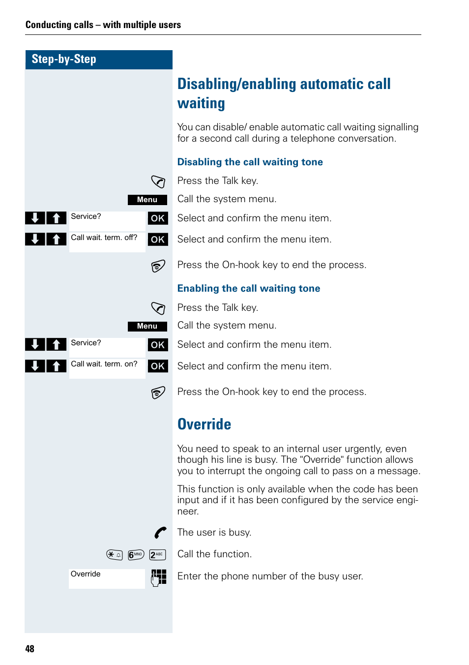 Disabling/enabling automatic call waiting, Override, Disabling/enabling automatic call waiting override | Siemens 3000 User Manual | Page 56 / 104