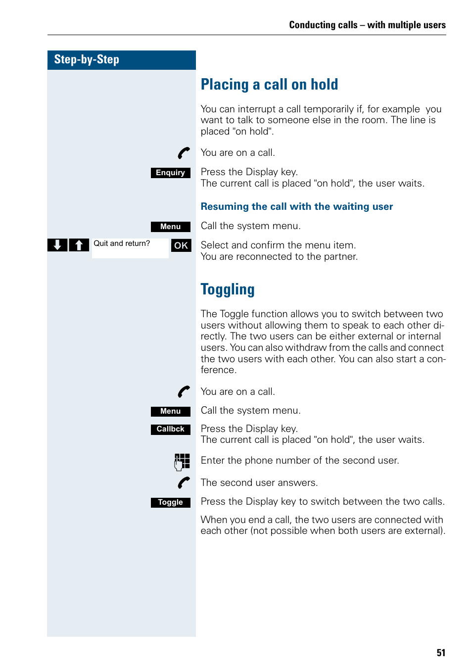 Placing a call on hold, Toggling, Placing a call on hold toggling | Siemens 3000 User Manual | Page 59 / 104