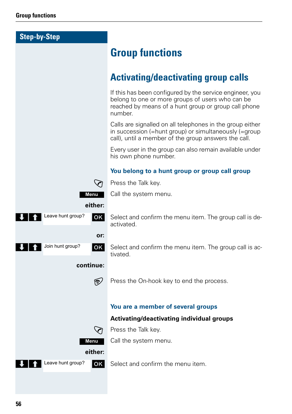 Group functions, Activating/deactivating group calls | Siemens 3000 User Manual | Page 64 / 104