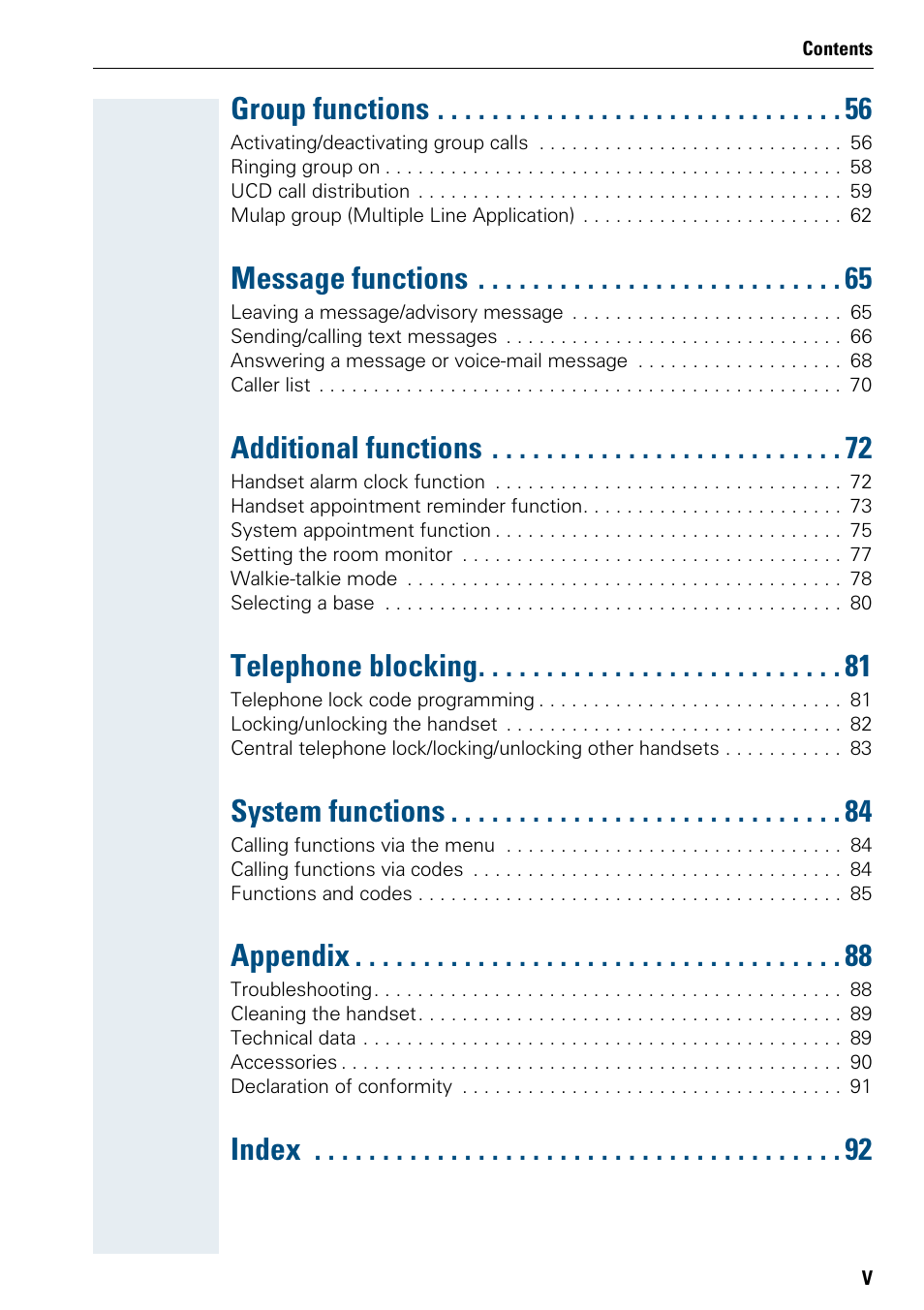 Group functions, Message functions, Additional functions | Telephone blocking, System functions, Appendix, Index | Siemens 3000 User Manual | Page 7 / 104