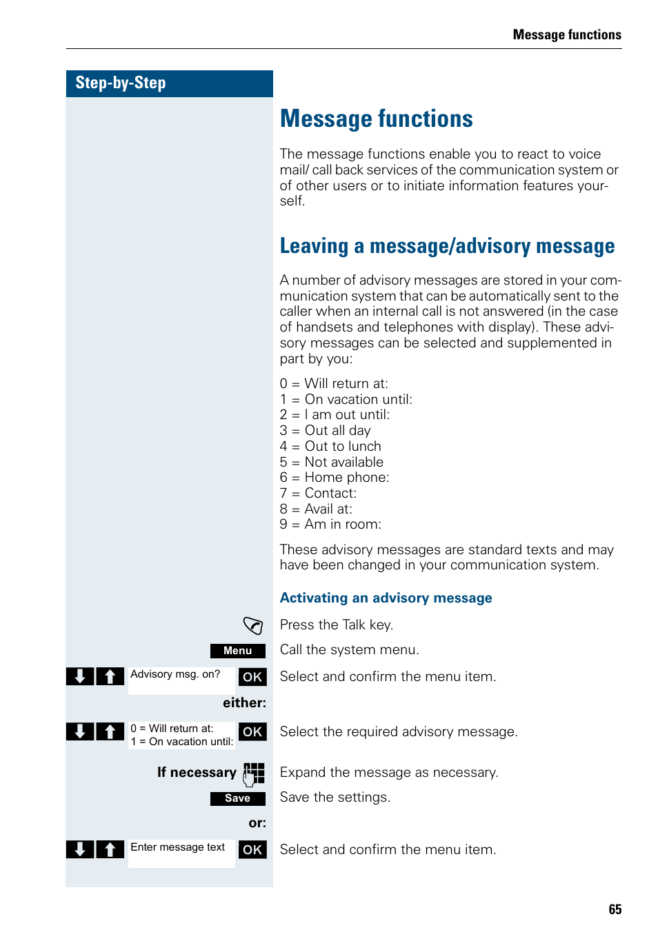 Message functions, Leaving a message/advisory message | Siemens 3000 User Manual | Page 73 / 104