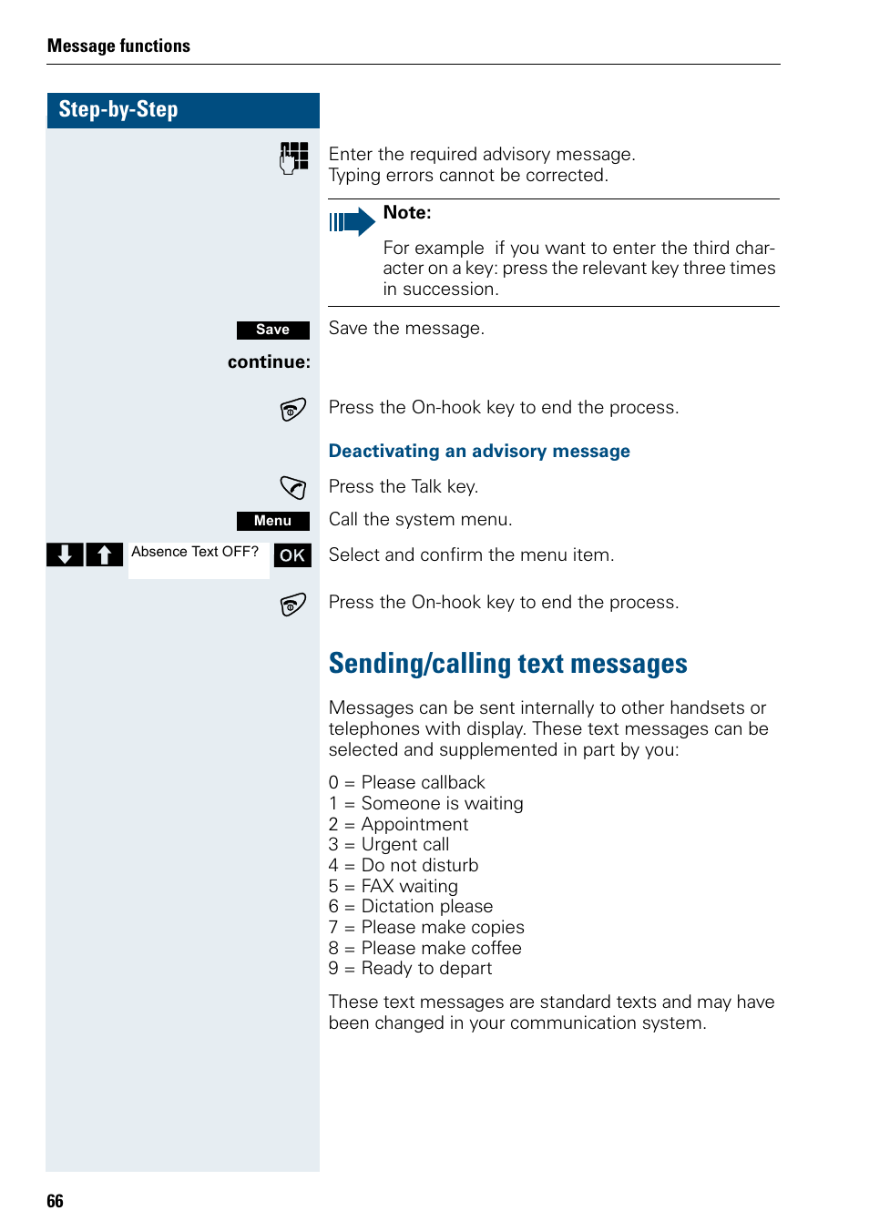 Sending/calling text messages | Siemens 3000 User Manual | Page 74 / 104