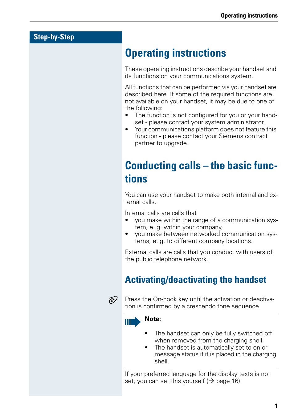 Operating instructions, Conducting calls – the basic functions, Activating/deactivating the handset | Conducting calls – the basic func- tions, Activating/deactivating the handset a | Siemens 3000 User Manual | Page 9 / 104