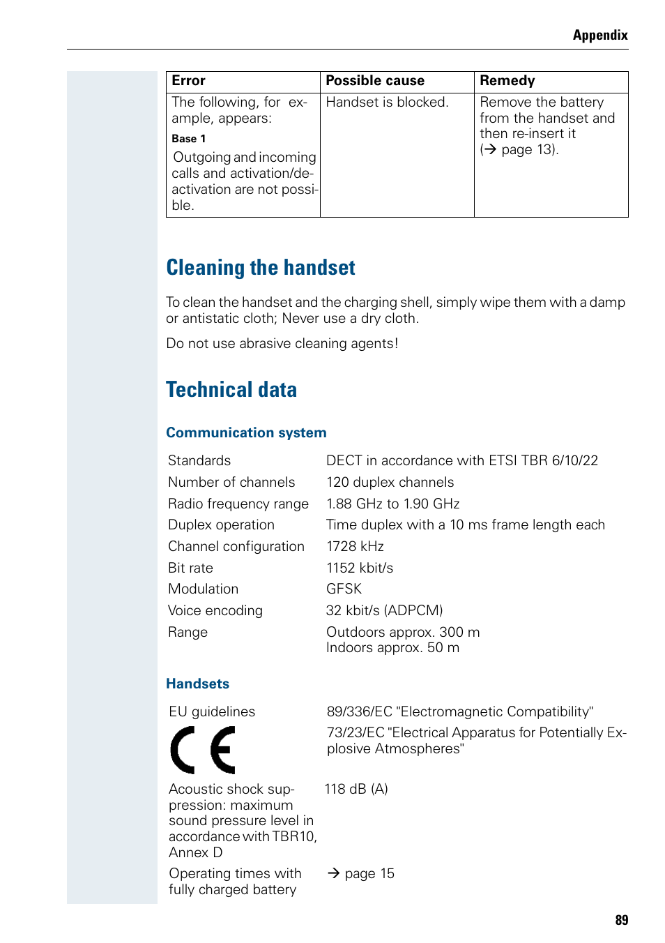 Cleaning the handset, Technical data, Cleaning the handset technical data | Siemens 3000 User Manual | Page 97 / 104