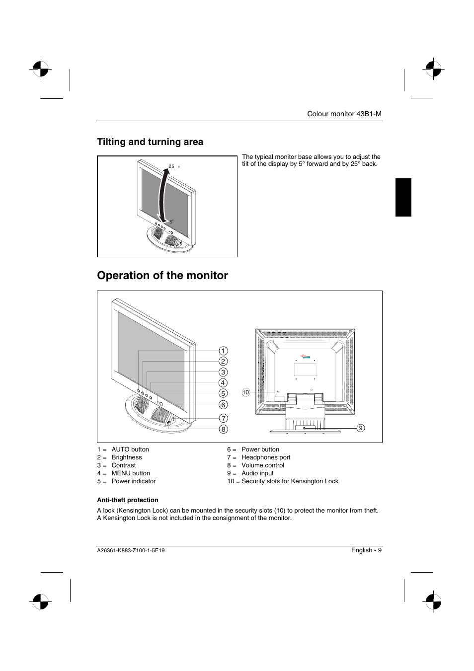 Operation of the monitor, Tilting and turning area | Siemens 43B1-M User Manual | Page 11 / 20