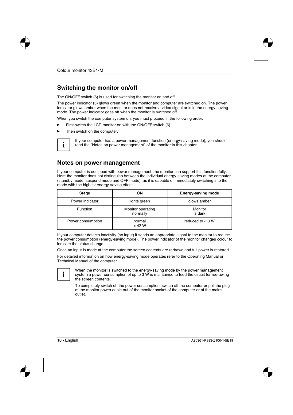 Switching the monitor on/off | Siemens 43B1-M User Manual | Page 12 / 20