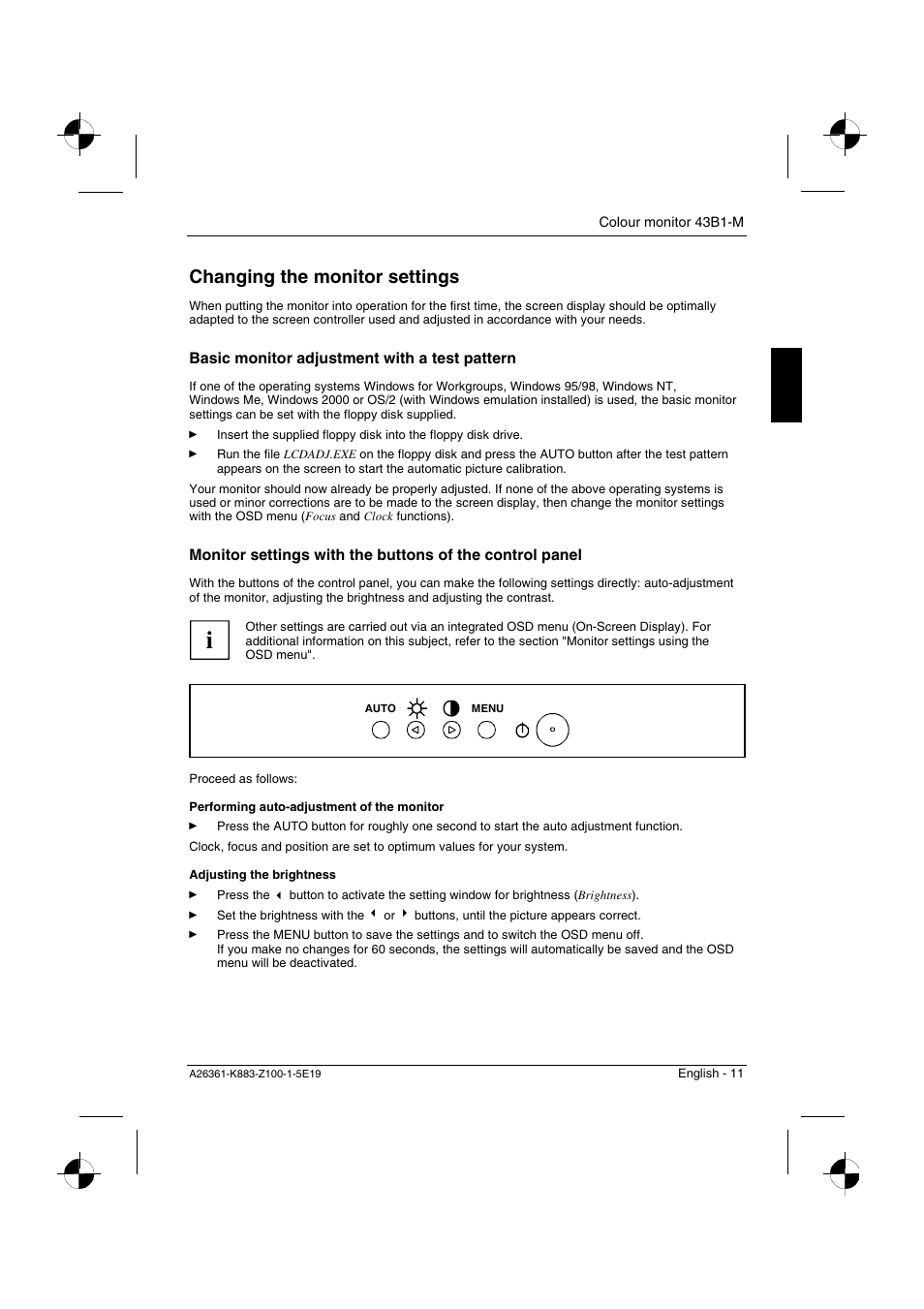 Changing the monitor settings | Siemens 43B1-M User Manual | Page 13 / 20