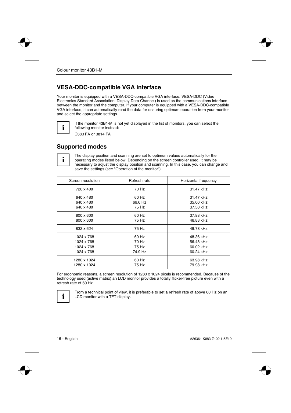 Vesa-ddc-compatible vga interface, Supported modes | Siemens 43B1-M User Manual | Page 18 / 20