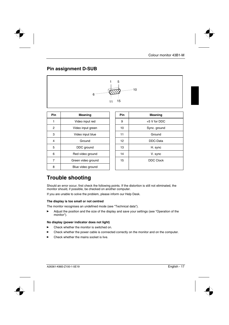 Trouble shooting, Pin assignment d-sub | Siemens 43B1-M User Manual | Page 19 / 20