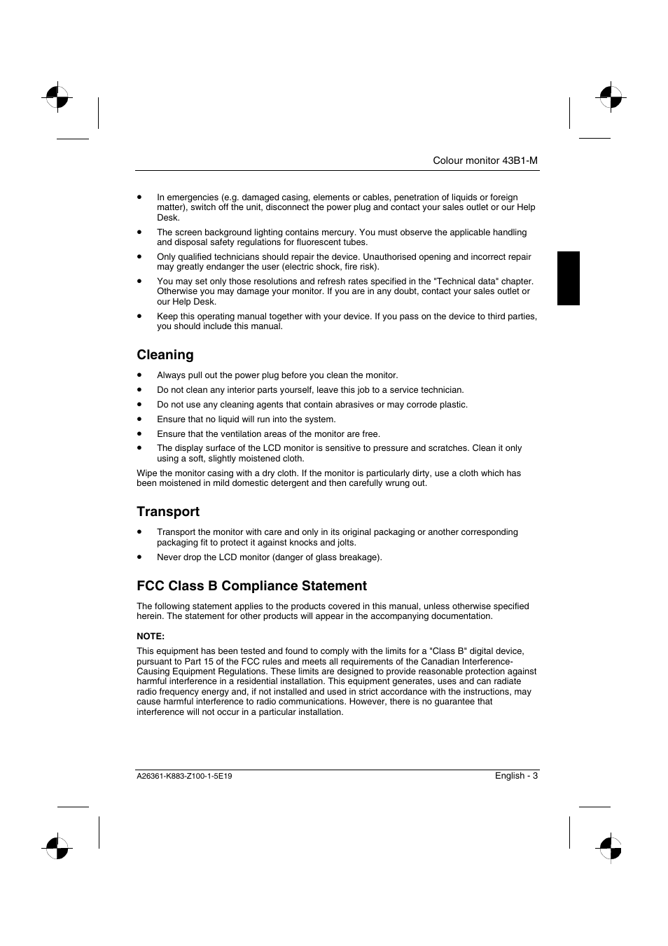 Cleaning, Transport, Fcc class b compliance statement | Siemens 43B1-M User Manual | Page 5 / 20