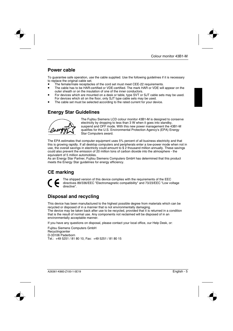 Power cable, Energy star guidelines, Ce marking | Disposal and recycling | Siemens 43B1-M User Manual | Page 7 / 20