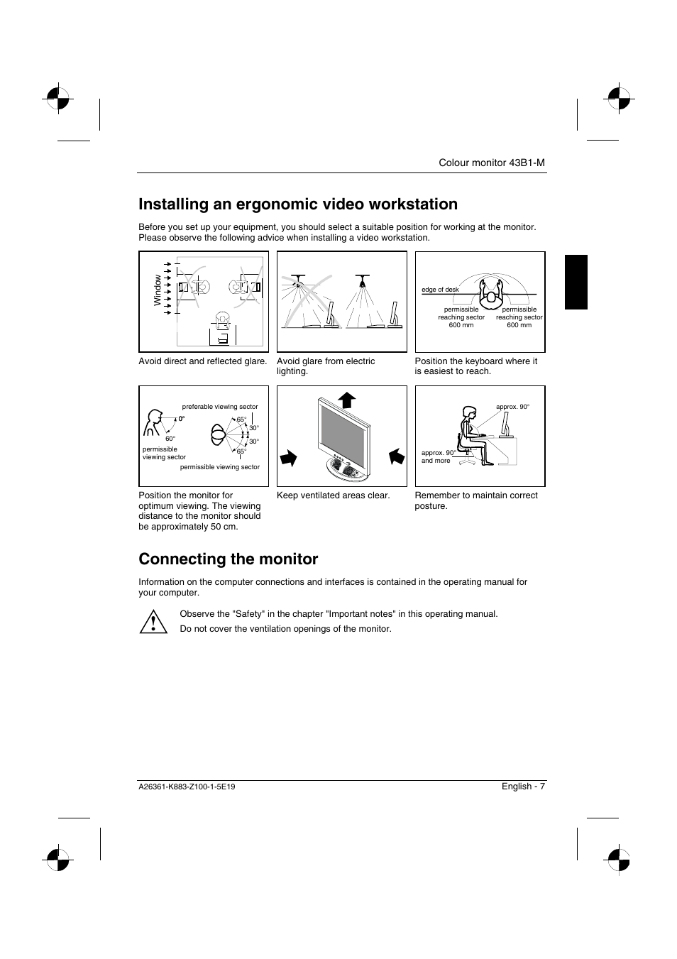 Installing an ergonomic video workstation, Connecting the monitor | Siemens 43B1-M User Manual | Page 9 / 20