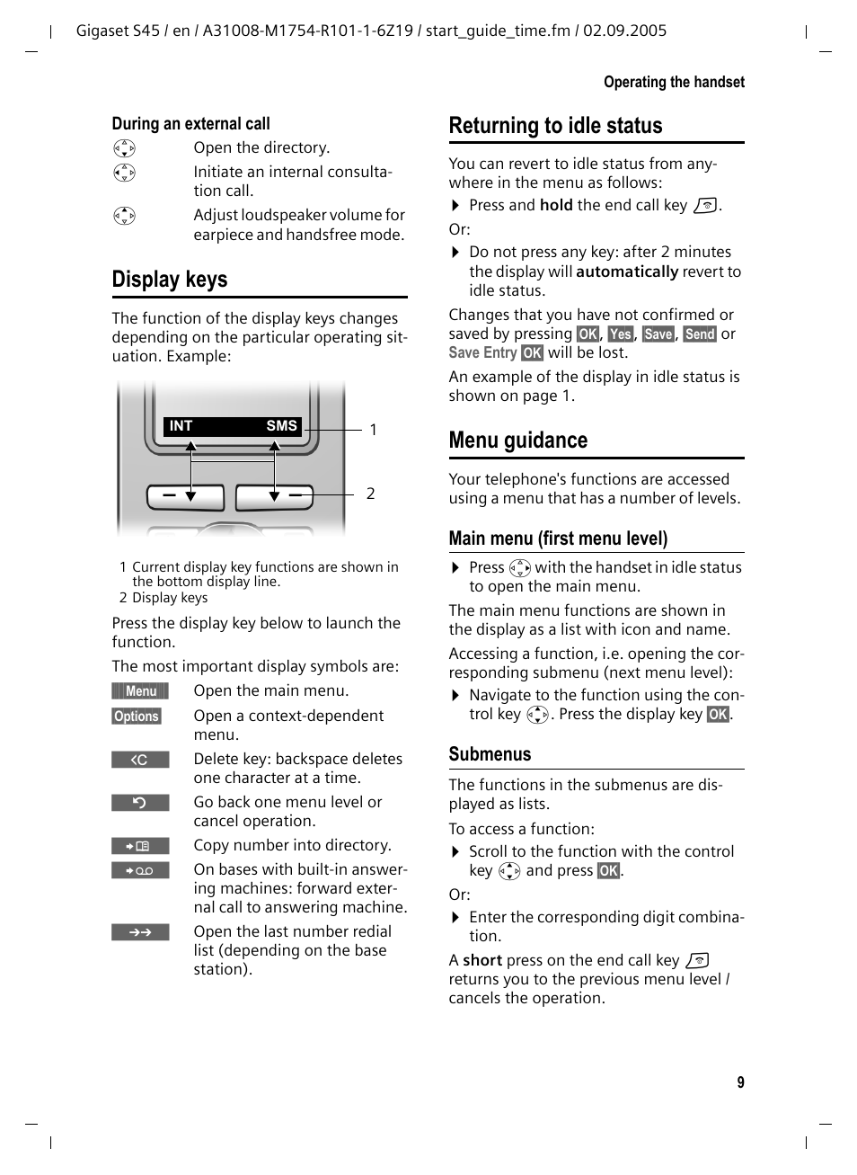 Display keys, Returning to idle status, Menu guidance | Main menu (first menu level), Submenus | Siemens Gigaset S45 User Manual | Page 10 / 29