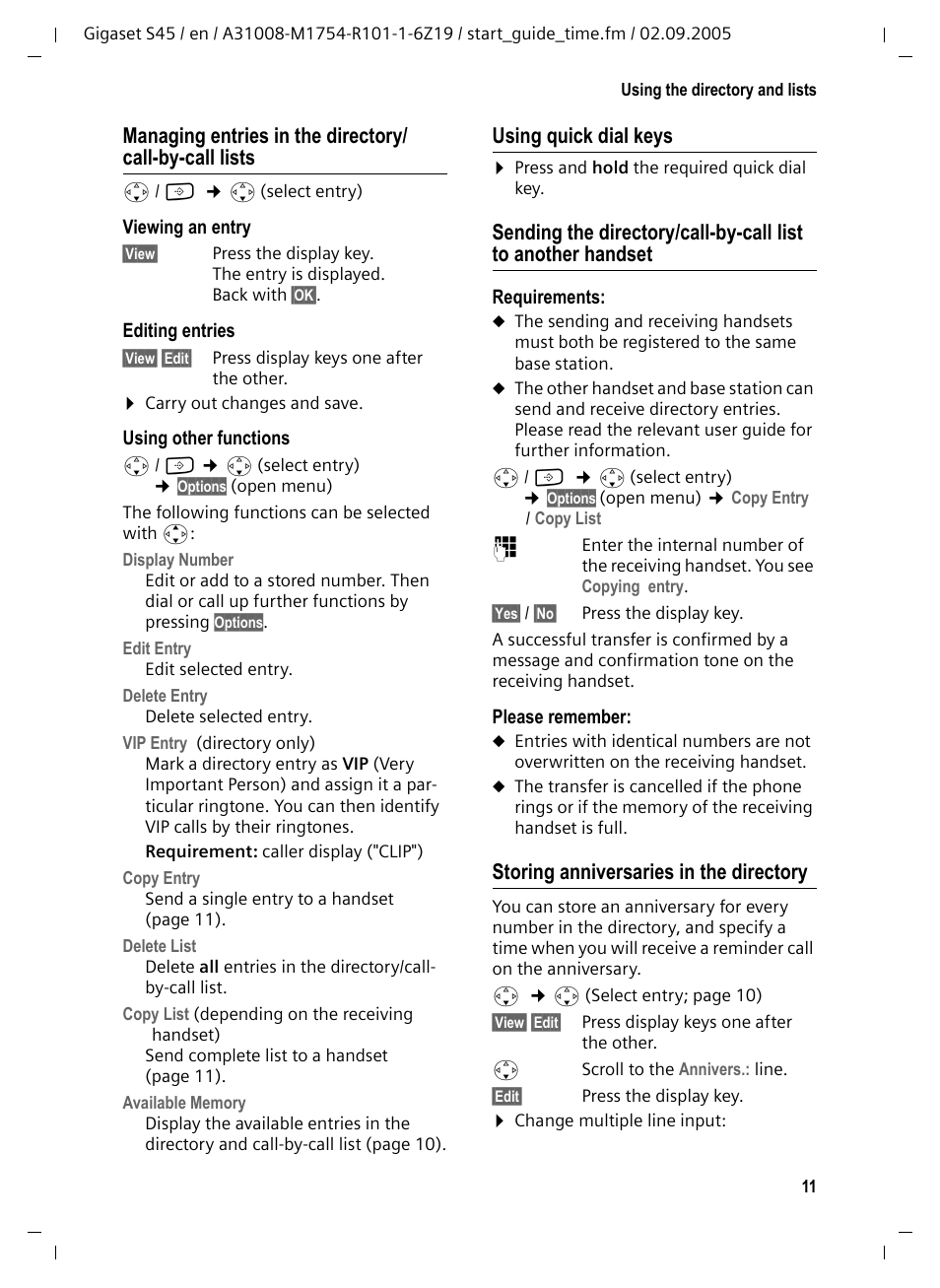 Using quick dial keys, Storing anniversaries in the directory | Siemens Gigaset S45 User Manual | Page 12 / 29