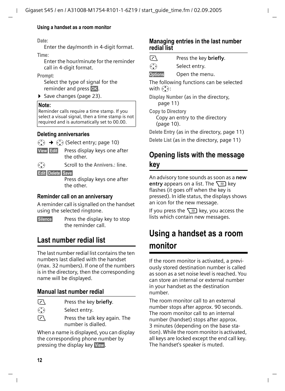 Last number redial list, Manual last number redial, Managing entries in the last number redial list | Opening lists with the message key, Using a handset as a room monitor | Siemens Gigaset S45 User Manual | Page 13 / 29