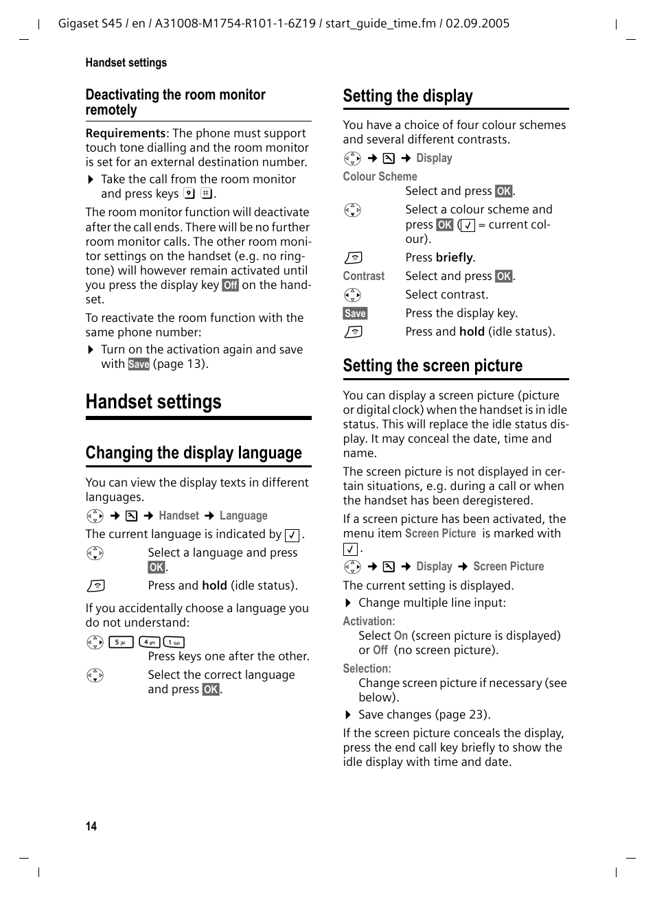 Handset settings, Changing the display language, Setting the screen picture | Setting the display | Siemens Gigaset S45 User Manual | Page 15 / 29