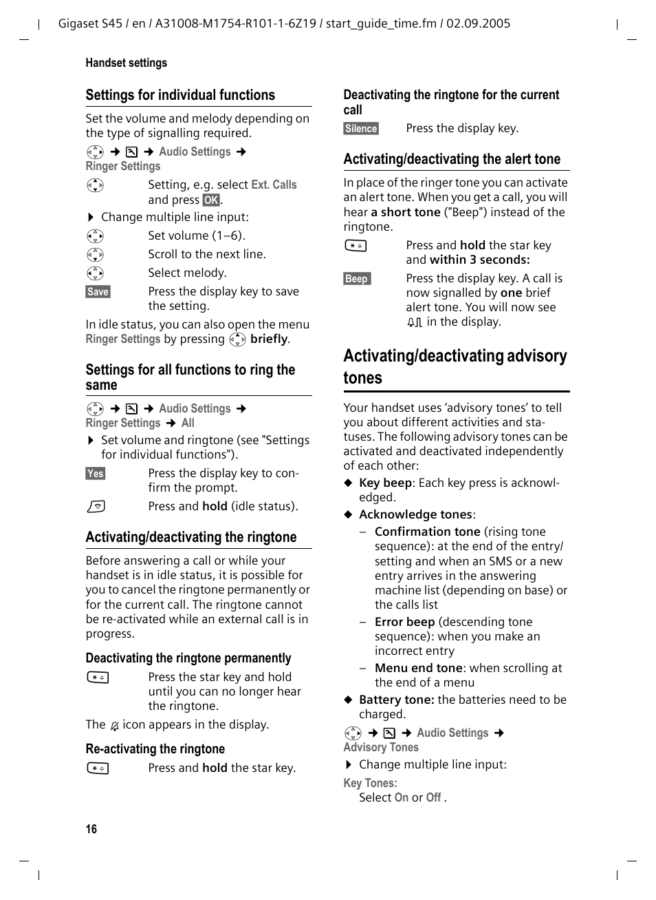 Settings for all functions to ring the same, Activating/deactivating the ringtone, Activating/deactivating the alert tone | Activating/deactivating advisory tones, Activating/deactivating advisory tones 16 | Siemens Gigaset S45 User Manual | Page 17 / 29