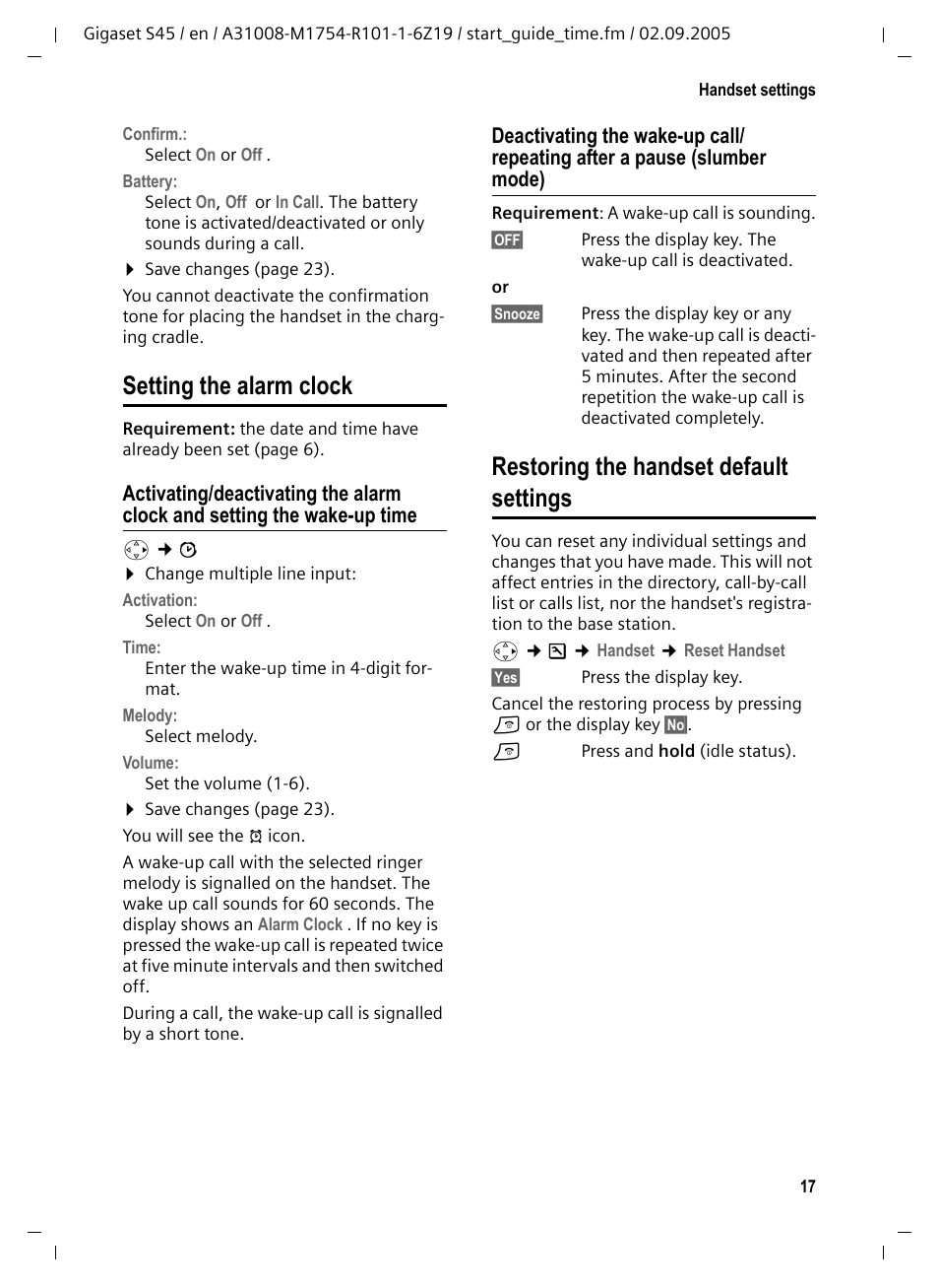 Setting the alarm clock, Restoring the handset default settings | Siemens Gigaset S45 User Manual | Page 18 / 29