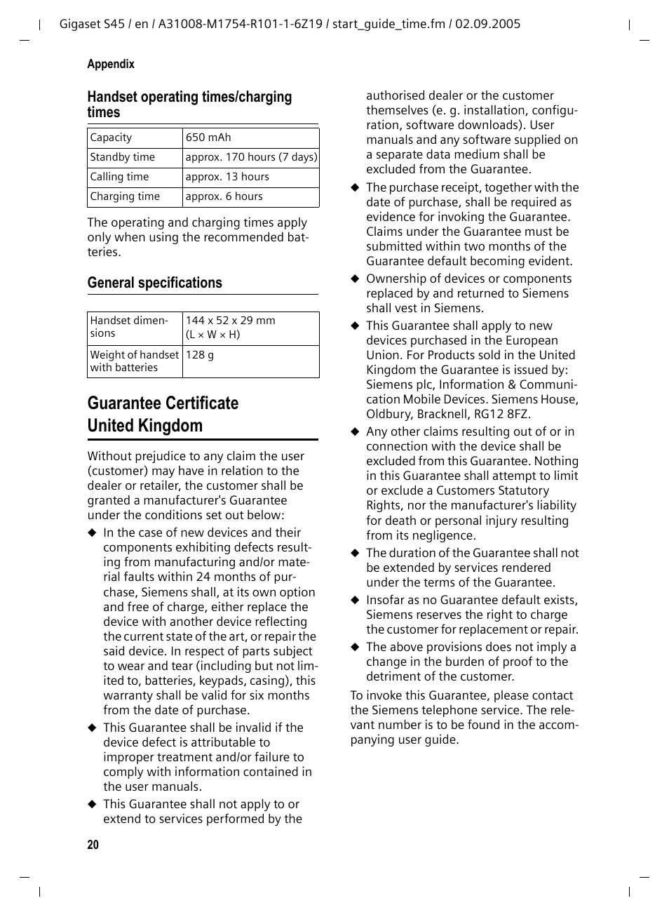 Handset operating times/charging times, General specifications, Guarantee certificate united kingdom | Siemens Gigaset S45 User Manual | Page 21 / 29