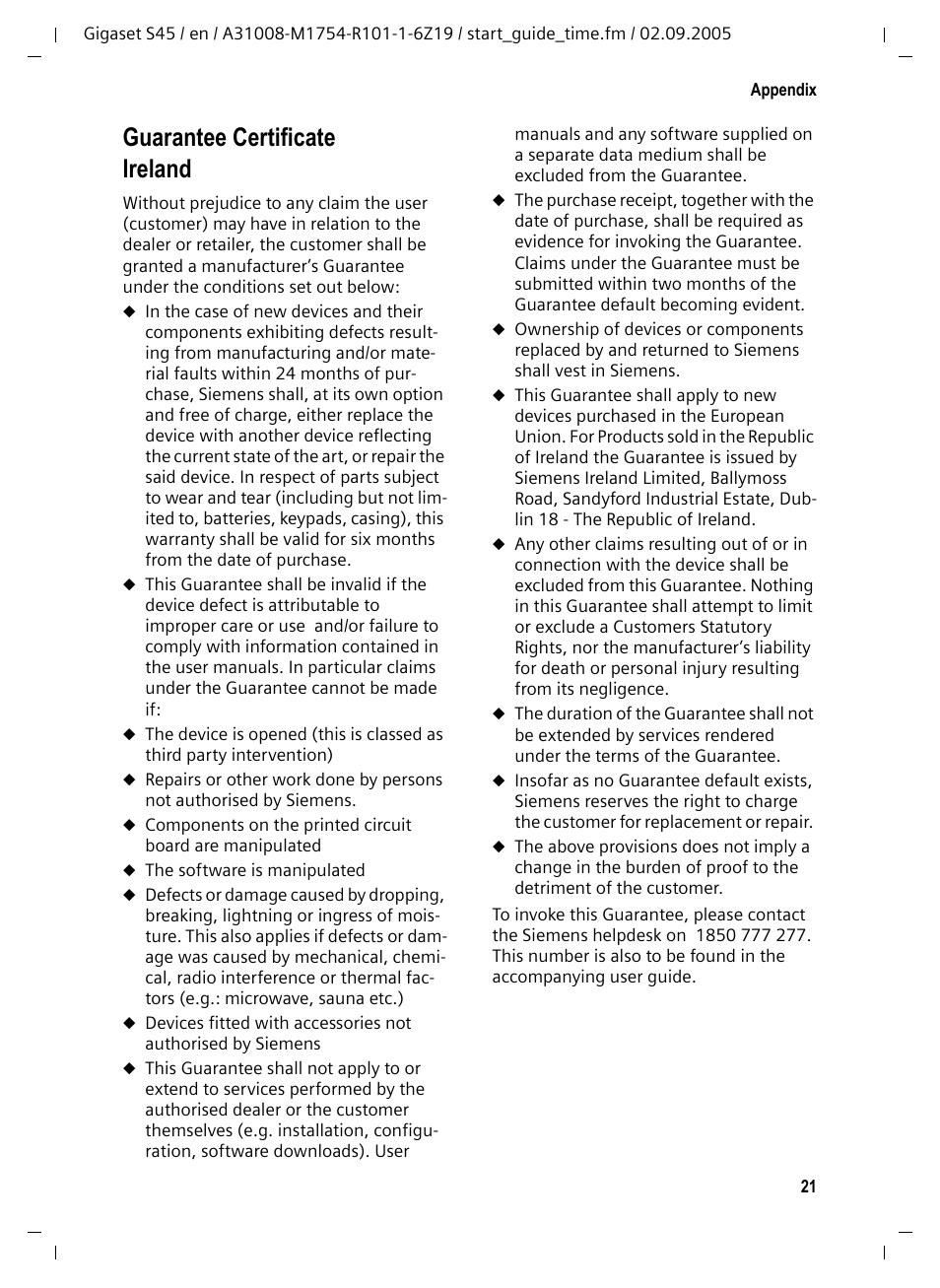 Guarantee certificate ireland | Siemens Gigaset S45 User Manual | Page 22 / 29