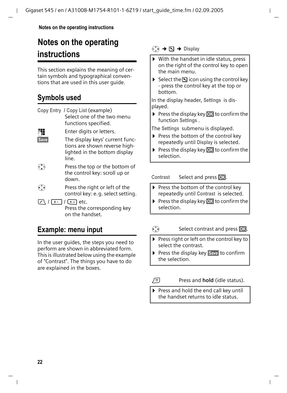 Symbols used, Example: menu input, Notes on the operating | Instructions, Symbols used example: menu input | Siemens Gigaset S45 User Manual | Page 23 / 29