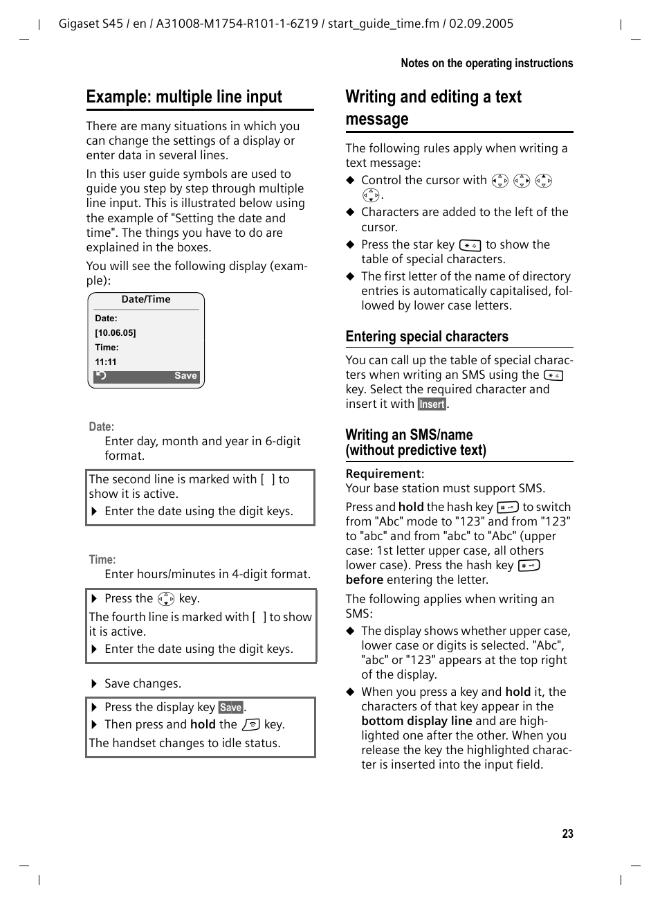 Writing and editing a text message, Entering special characters, Writing an sms/name (without predictive text) | Example: multiple line input | Siemens Gigaset S45 User Manual | Page 24 / 29