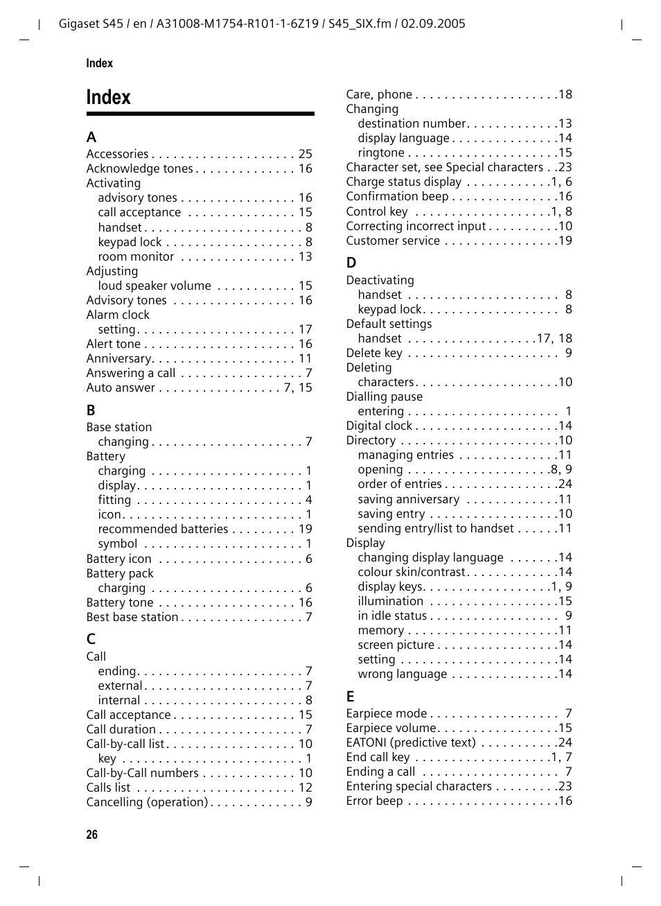 Index | Siemens Gigaset S45 User Manual | Page 27 / 29