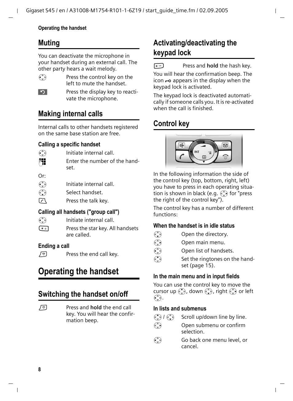 Muting, Making internal calls, Operating the handset | Switching the handset on/off, Control key, Muting making internal calls, Activating/deactivating the keypad lock | Siemens Gigaset S45 User Manual | Page 9 / 29