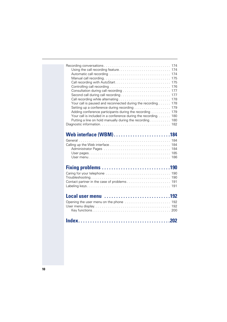 Web interface (wbm), Fixing problems, Local user menu | Index | Siemens HIPATH 8000 User Manual | Page 10 / 205