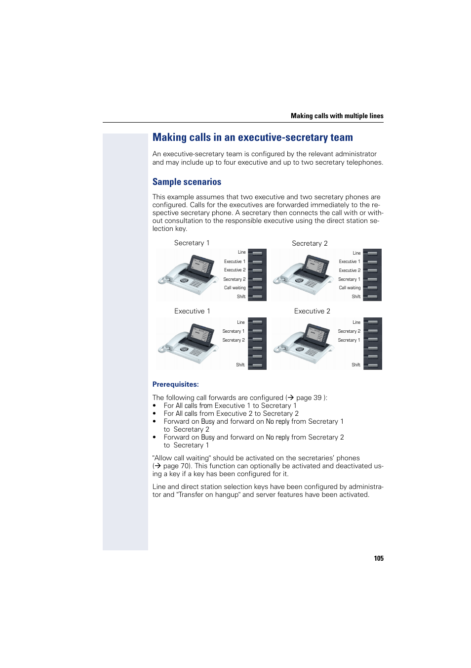 Making calls in an executive-secretary team, Sample scenarios | Siemens HIPATH 8000 User Manual | Page 105 / 205