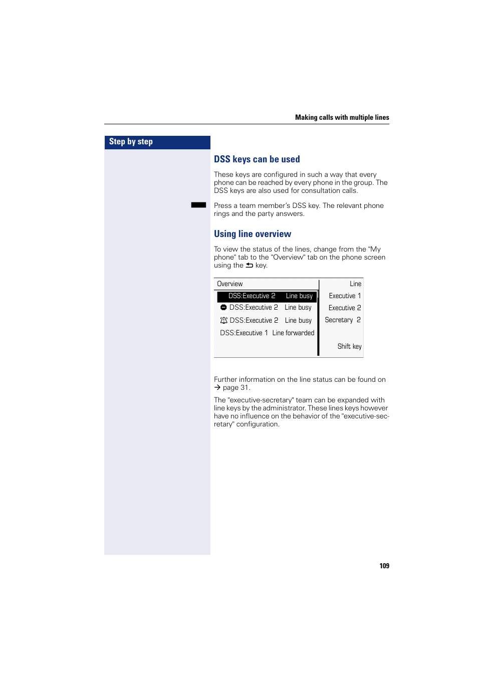 Dss keys can be used, Using line overview, Dss keys can be used using line overview | Siemens HIPATH 8000 User Manual | Page 109 / 205