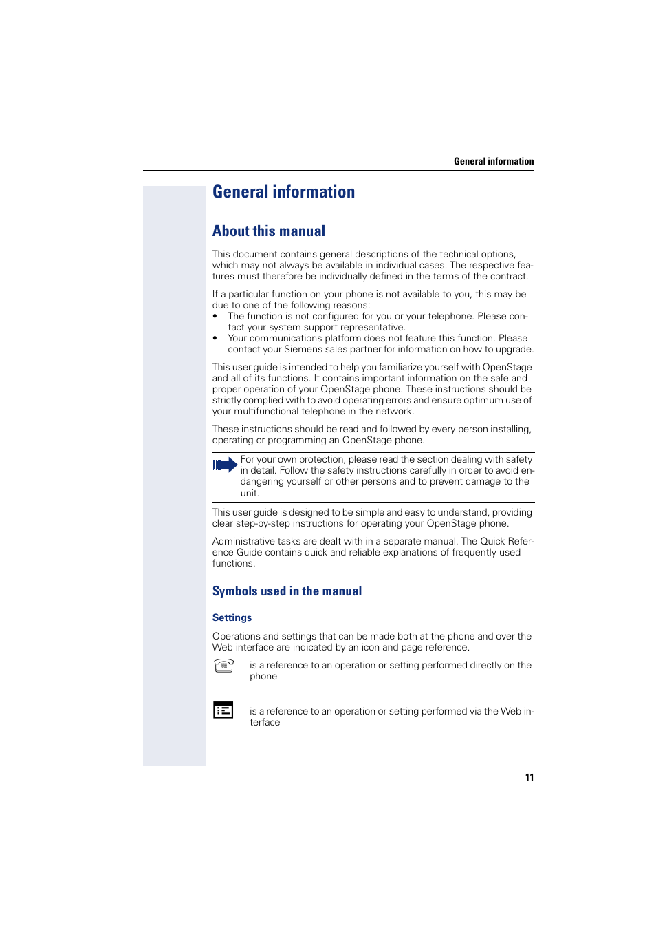 General information, About this manual, Symbols used in the manual | Siemens HIPATH 8000 User Manual | Page 11 / 205