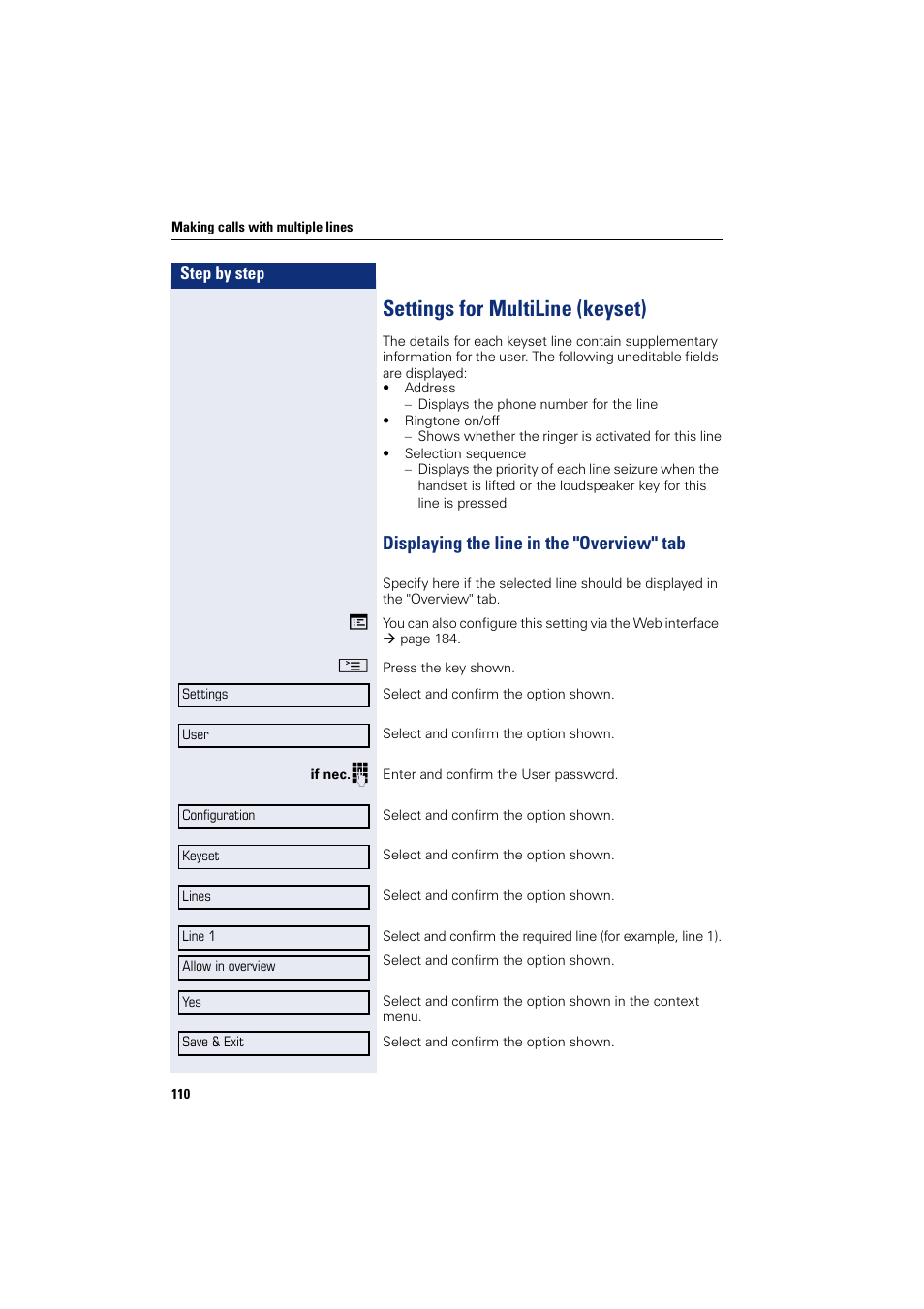 Settings for multiline (keyset), Displaying the line in the "overview" tab, Ings | Siemens HIPATH 8000 User Manual | Page 110 / 205