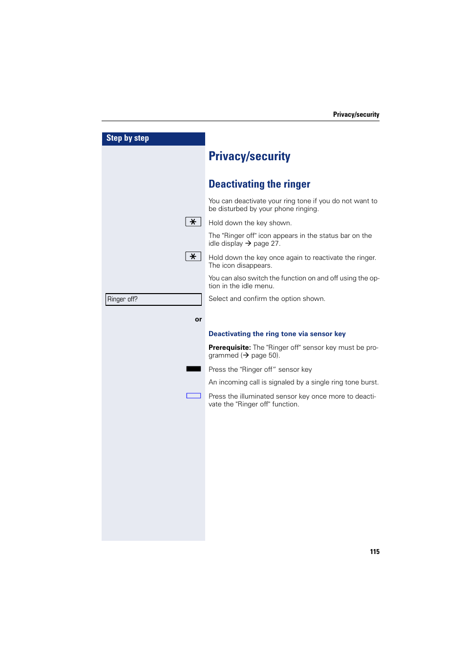 Privacy/security, Deactivating the ringer | Siemens HIPATH 8000 User Manual | Page 115 / 205