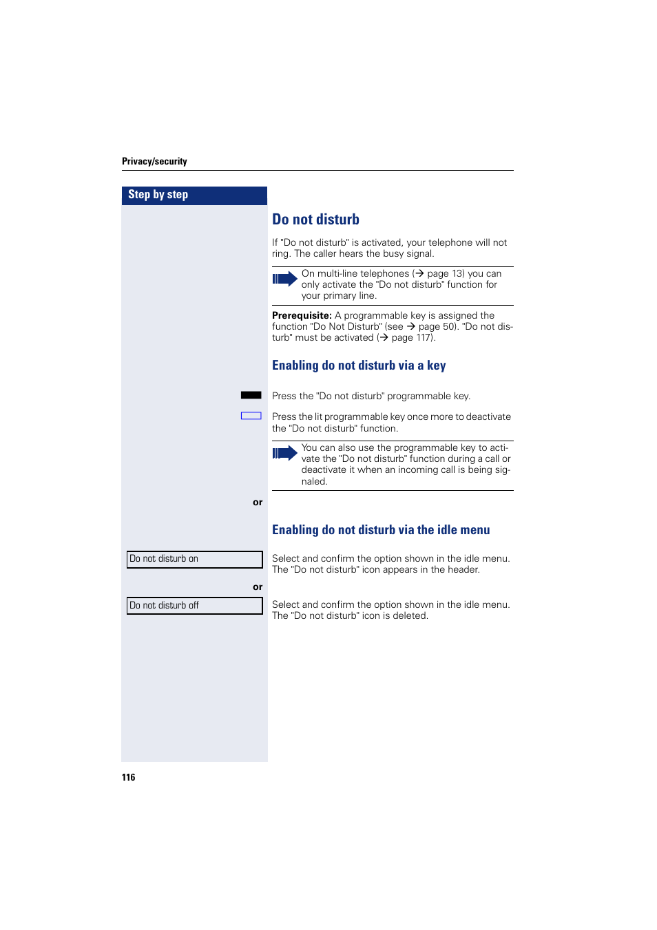 Do not disturb, Enabling do not disturb via a key, Enabling do not disturb via the idle menu | Siemens HIPATH 8000 User Manual | Page 116 / 205