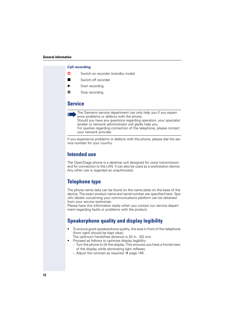 Service, Intended use, Telephone type | Speakerphone quality and display legibility | Siemens HIPATH 8000 User Manual | Page 12 / 205