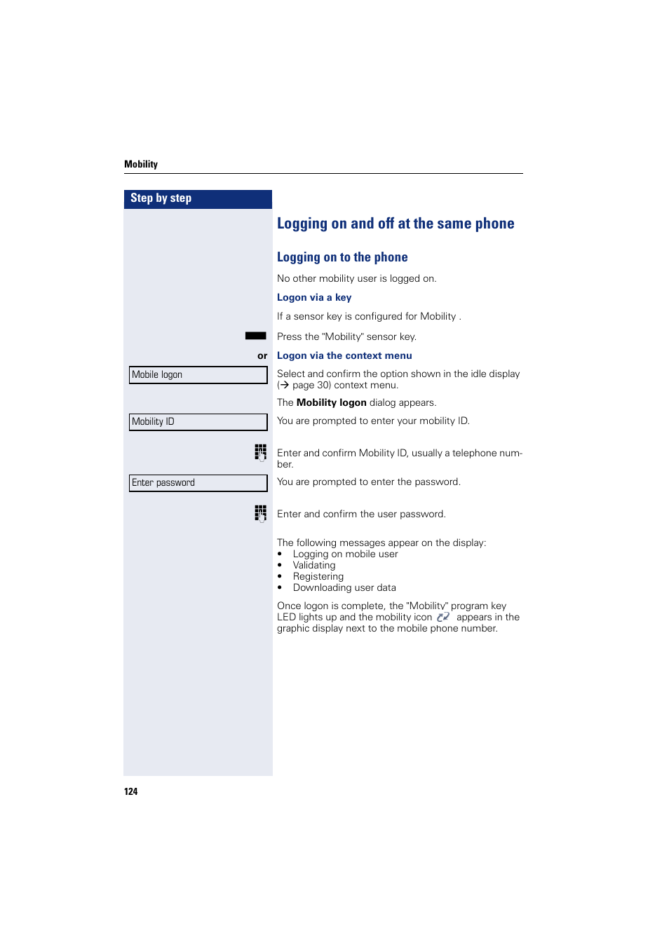 Logging on and off at the same phone, Logging on to the phone | Siemens HIPATH 8000 User Manual | Page 124 / 205