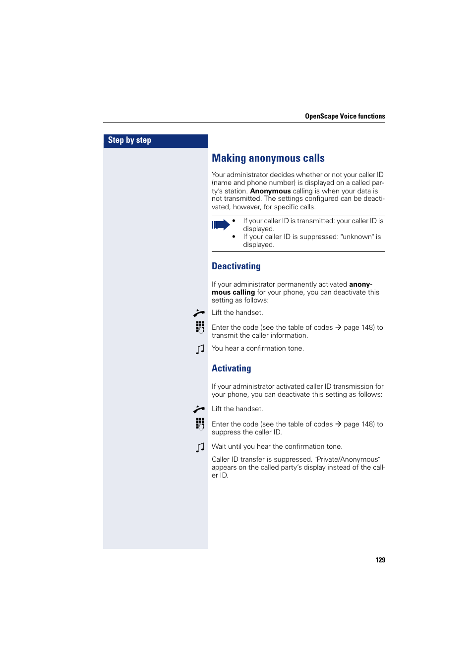 Making anonymous calls, Deactivating activating, Deactivating | Activating | Siemens HIPATH 8000 User Manual | Page 129 / 205