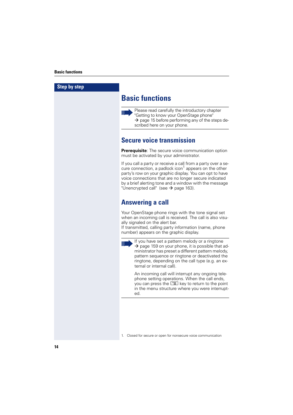 Basic functions, Secure voice transmission, Answering a call | Secure voice transmission answering a call | Siemens HIPATH 8000 User Manual | Page 14 / 205