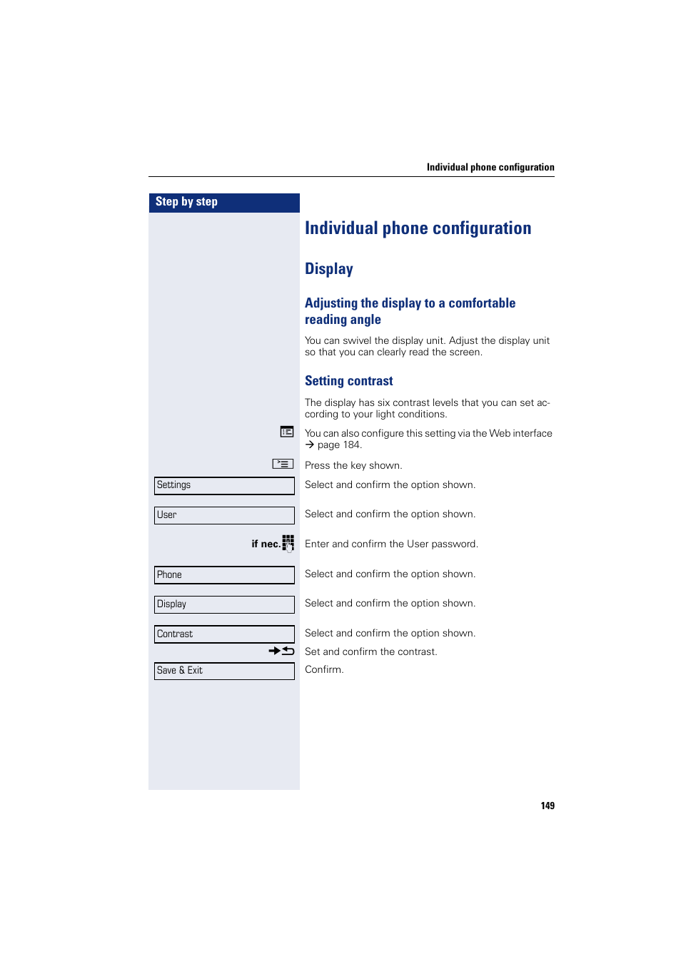 Individual phone configuration, Display, Setting contrast | Siemens HIPATH 8000 User Manual | Page 149 / 205