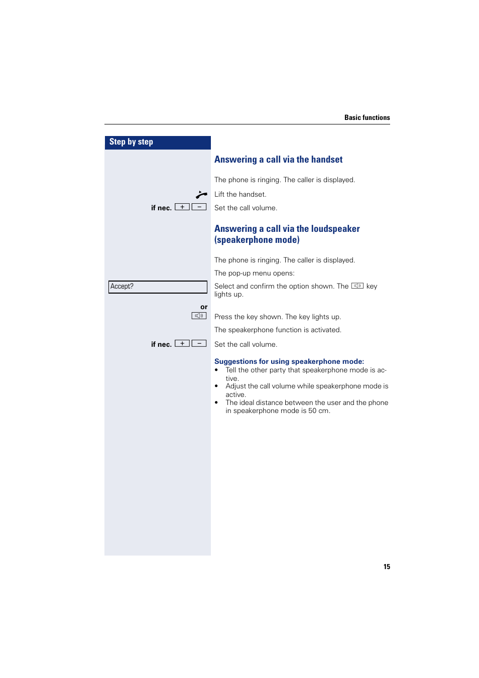 Answering a call via the handset | Siemens HIPATH 8000 User Manual | Page 15 / 205