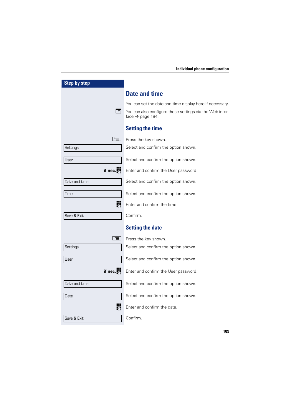 Date and time, Setting the time setting the date, Setting the time | Setting the date | Siemens HIPATH 8000 User Manual | Page 153 / 205