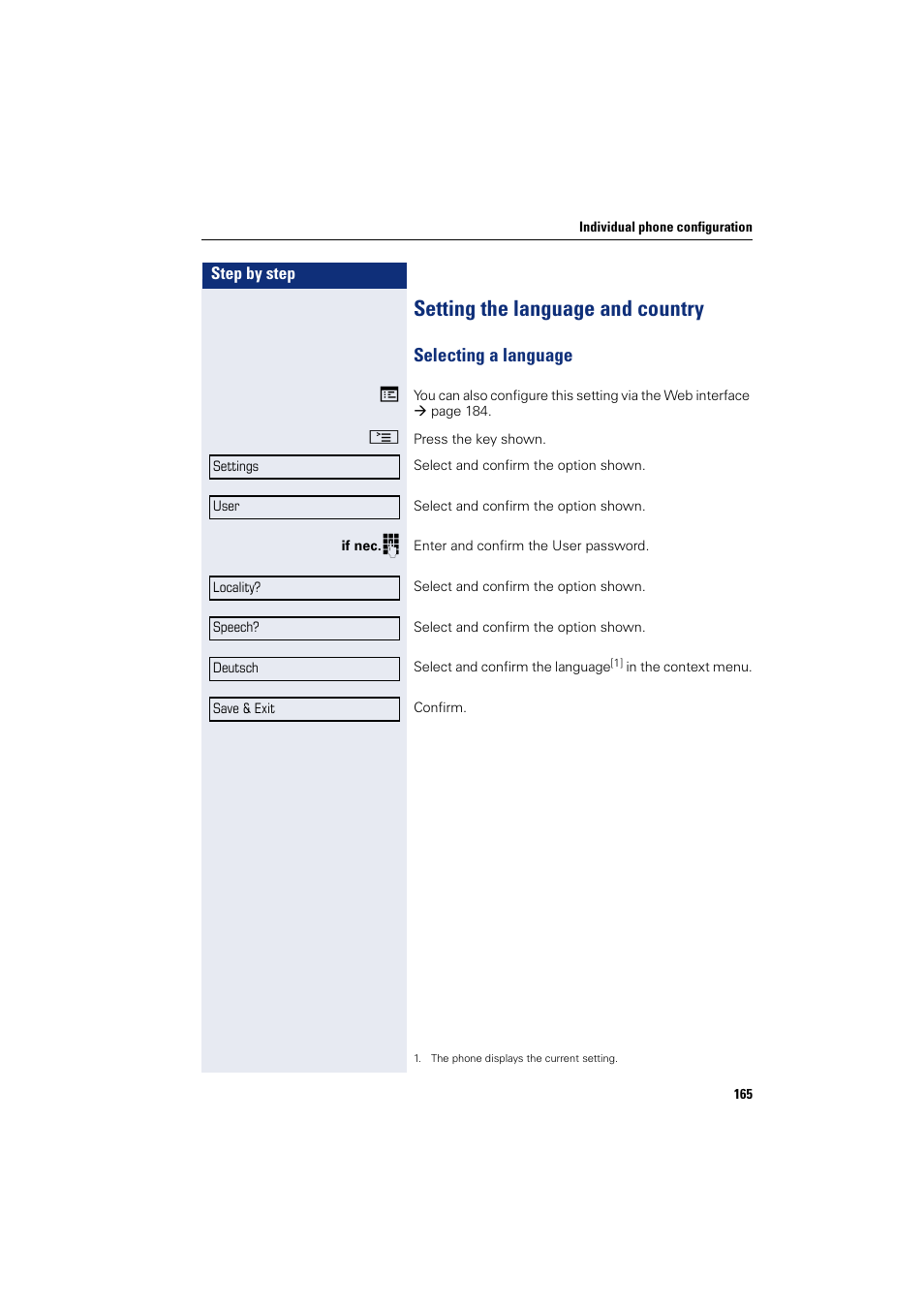 Setting the language and country, Selecting a language | Siemens HIPATH 8000 User Manual | Page 165 / 205