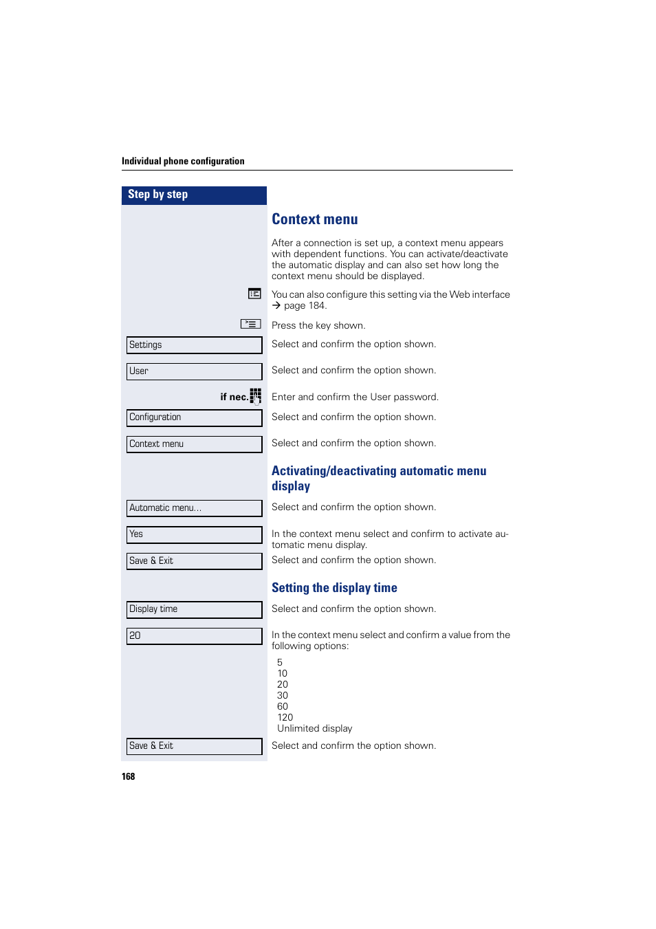 Context menu, Activating/deactivating automatic menu display, Setting the display time | Siemens HIPATH 8000 User Manual | Page 168 / 205