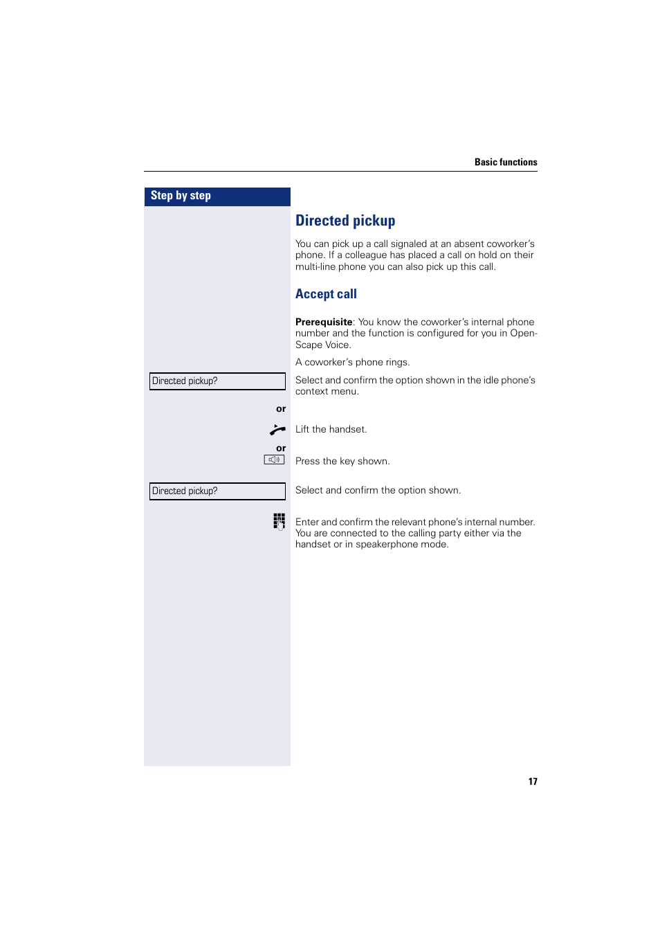 Directed pickup, Accept call | Siemens HIPATH 8000 User Manual | Page 17 / 205