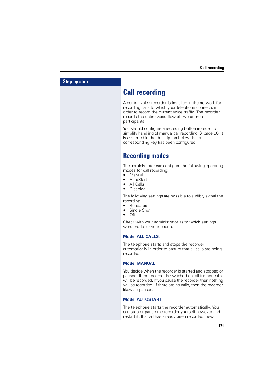 Call recording, Recording modes | Siemens HIPATH 8000 User Manual | Page 171 / 205