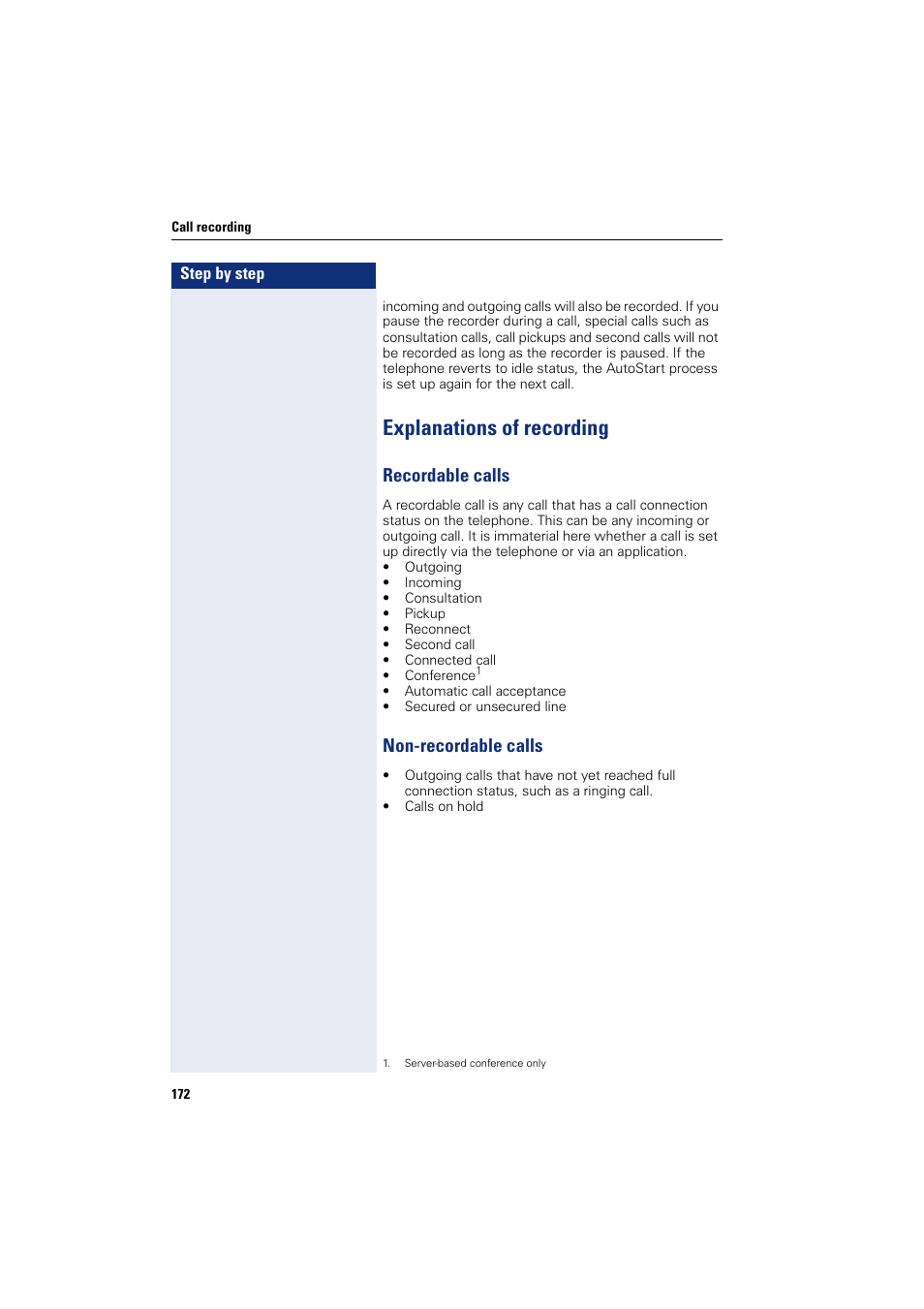 Explanations of recording, Recordable calls, Non-recordable calls | Recordable calls non-recordable calls | Siemens HIPATH 8000 User Manual | Page 172 / 205